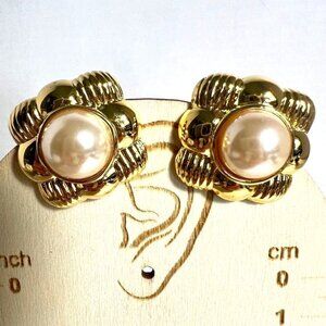 Vintage Joan Rivers Gold-Tone Clip-On Earrings Faux Pearl Cabochon Accents
